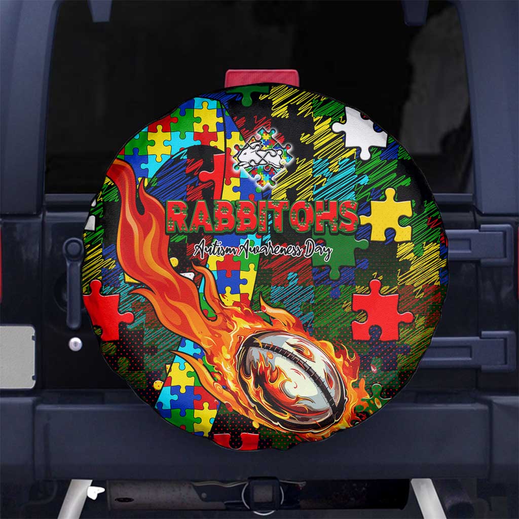 Rabbitohs Autism Awareness Spare Tire Cover Puzzle Flames Rugby Ball