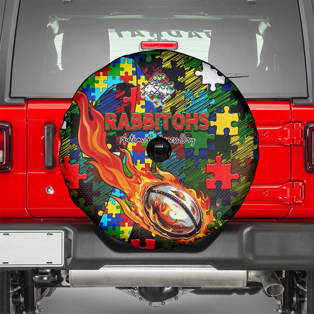 Rabbitohs Autism Awareness Spare Tire Cover Puzzle Flames Rugby Ball