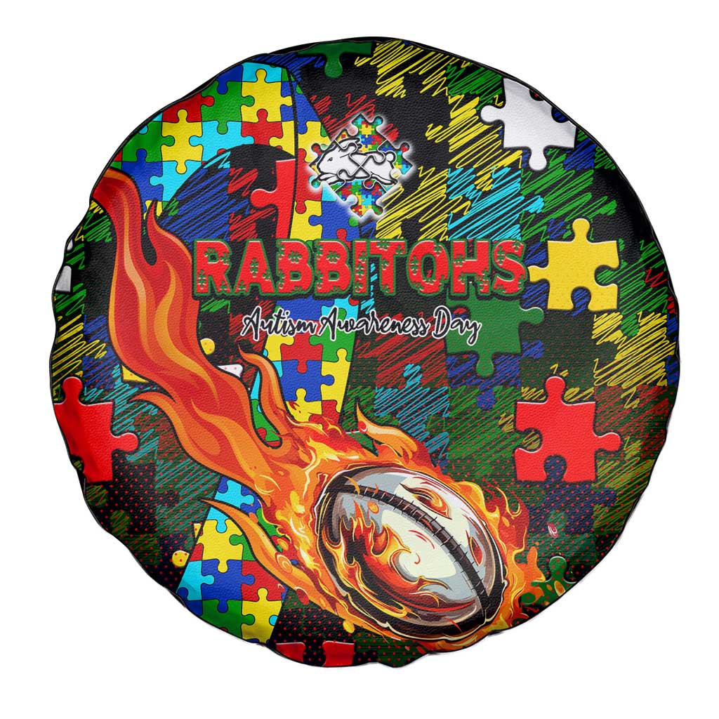 Rabbitohs Autism Awareness Spare Tire Cover Puzzle Flames Rugby Ball