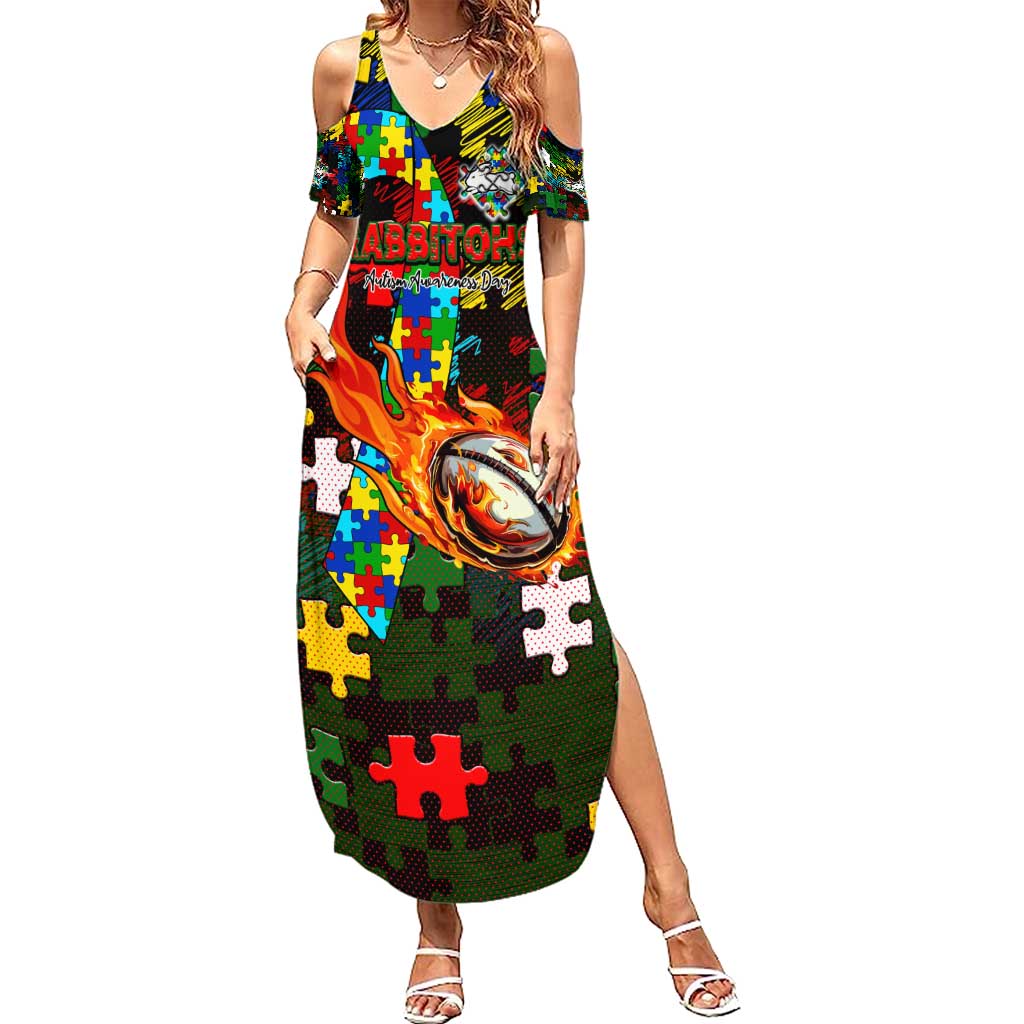 Rabbitohs Autism Awareness Summer Maxi Dress Puzzle Flames Rugby Ball