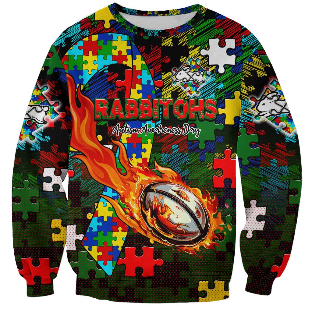 Rabbitohs Autism Awareness Sweatshirt Puzzle Flames Rugby Ball