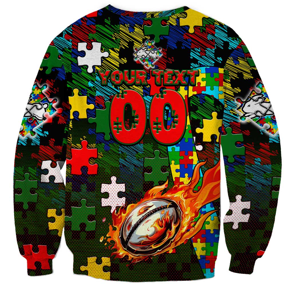 Rabbitohs Autism Awareness Sweatshirt Puzzle Flames Rugby Ball