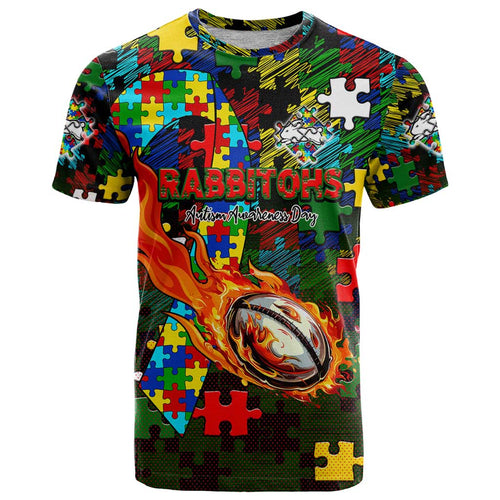 Rabbitohs Autism Awareness T Shirt Puzzle Flames Rugby Ball