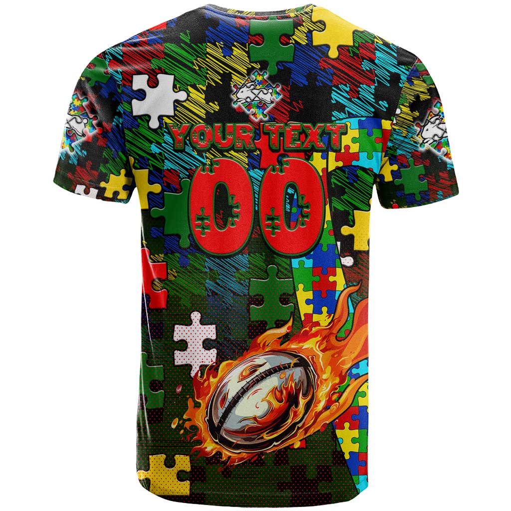 Rabbitohs Autism Awareness T Shirt Puzzle Flames Rugby Ball