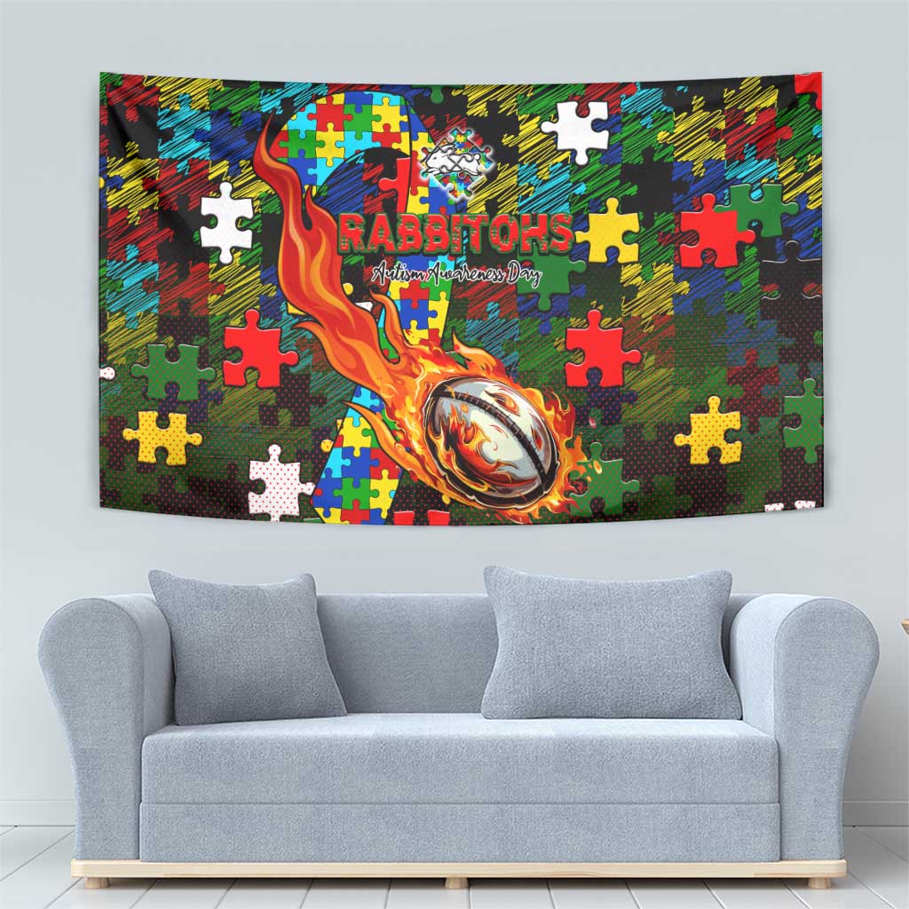 Rabbitohs Autism Awareness Tapestry Puzzle Flames Rugby Ball