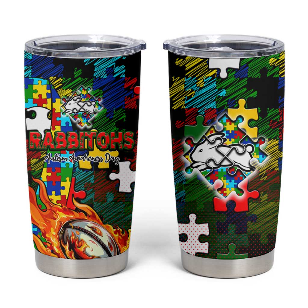 Rabbitohs Autism Awareness Tumbler Cup Puzzle Flames Rugby Ball