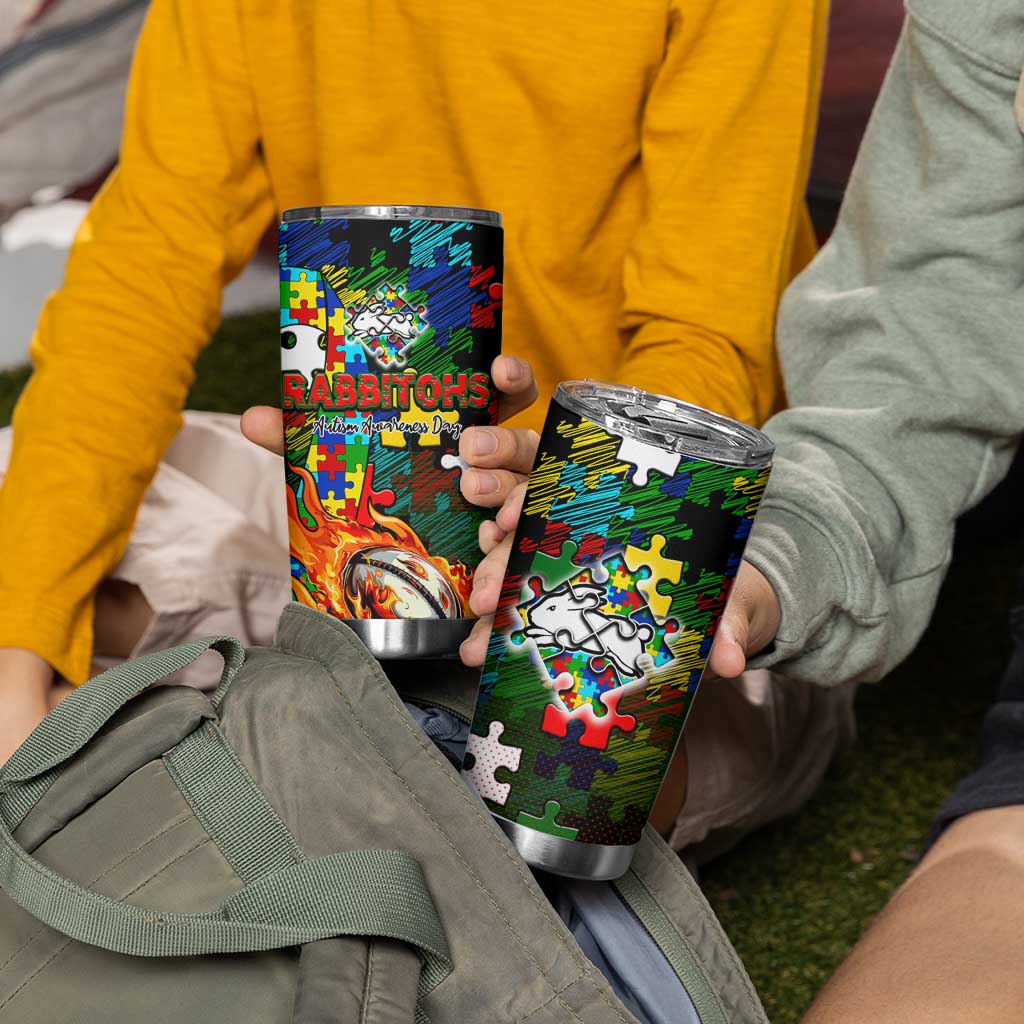 Rabbitohs Autism Awareness Tumbler Cup Puzzle Flames Rugby Ball