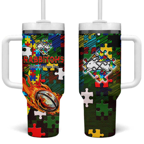 Rabbitohs Autism Awareness Tumbler With Handle Puzzle Flames Rugby Ball