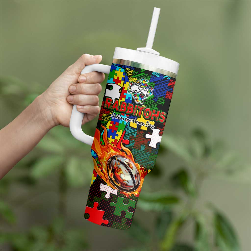 Rabbitohs Autism Awareness Tumbler With Handle Puzzle Flames Rugby Ball
