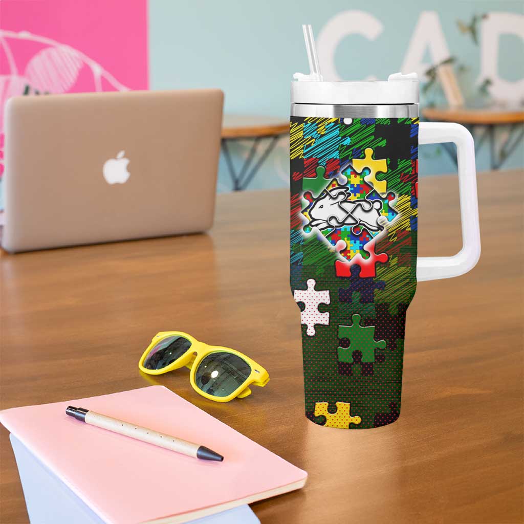 Rabbitohs Autism Awareness Tumbler With Handle Puzzle Flames Rugby Ball