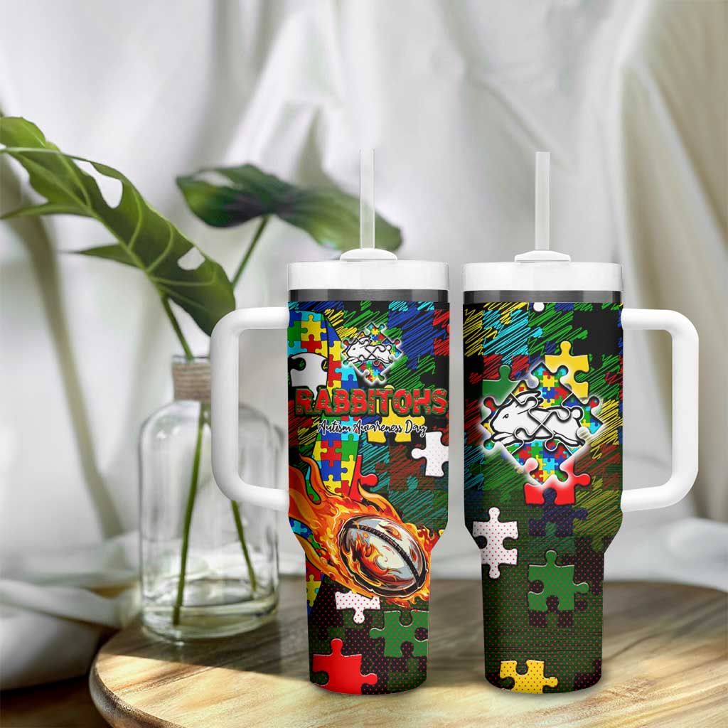Rabbitohs Autism Awareness Tumbler With Handle Puzzle Flames Rugby Ball