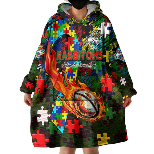 Rabbitohs Autism Awareness Wearable Blanket Hoodie Puzzle Flames Rugby Ball