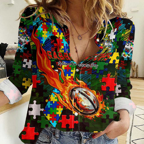 Rabbitohs Autism Awareness Women Casual Shirt Puzzle Flames Rugby Ball