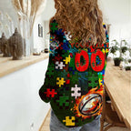 Rabbitohs Autism Awareness Women Casual Shirt Puzzle Flames Rugby Ball