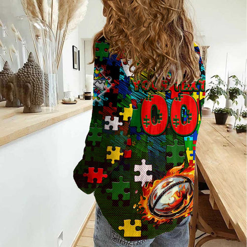 Rabbitohs Autism Awareness Women Casual Shirt Puzzle Flames Rugby Ball