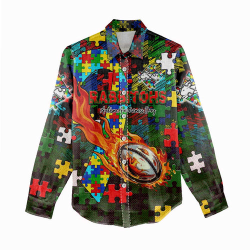 Rabbitohs Autism Awareness Women Casual Shirt Puzzle Flames Rugby Ball