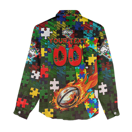 Rabbitohs Autism Awareness Women Casual Shirt Puzzle Flames Rugby Ball