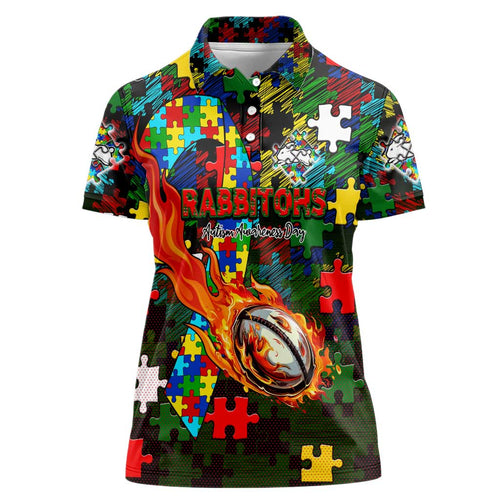 Rabbitohs Autism Awareness Women Polo Shirt Puzzle Flames Rugby Ball