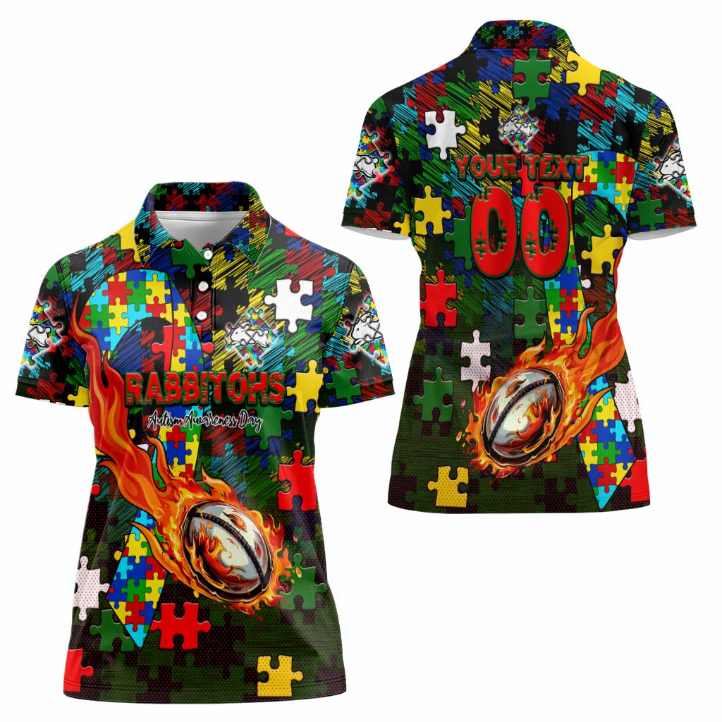 Rabbitohs Autism Awareness Women Polo Shirt Puzzle Flames Rugby Ball