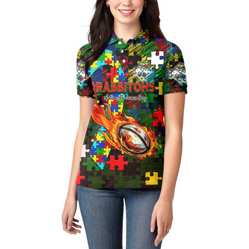Rabbitohs Autism Awareness Women Polo Shirt Puzzle Flames Rugby Ball