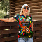Rabbitohs Autism Awareness Women Polo Shirt Puzzle Flames Rugby Ball