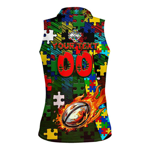Rabbitohs Autism Awareness Women Sleeveless Polo Shirt Puzzle Flames Rugby Ball