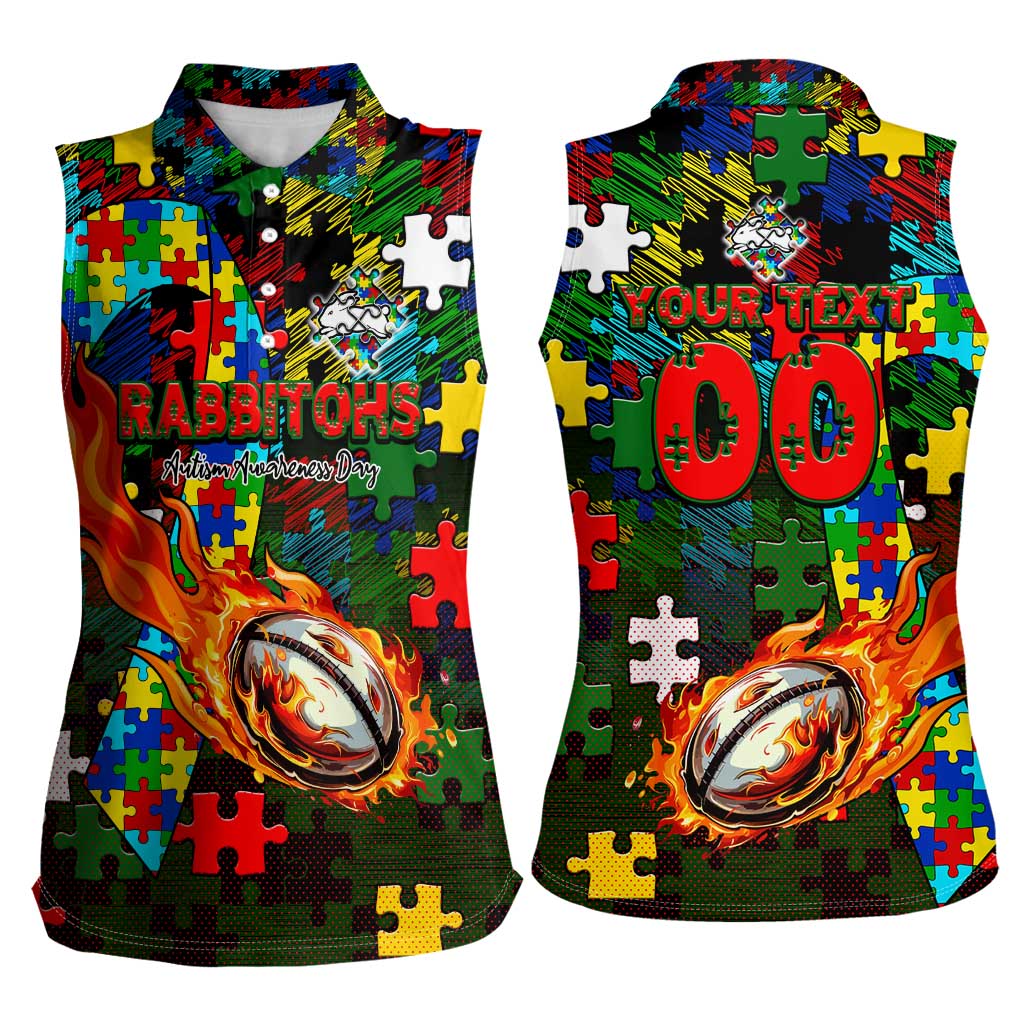 Rabbitohs Autism Awareness Women Sleeveless Polo Shirt Puzzle Flames Rugby Ball
