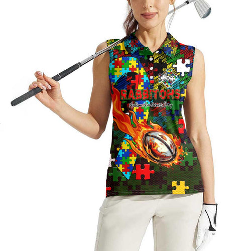Rabbitohs Autism Awareness Women Sleeveless Polo Shirt Puzzle Flames Rugby Ball