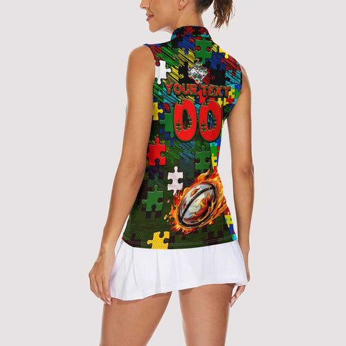 Rabbitohs Autism Awareness Women Sleeveless Polo Shirt Puzzle Flames Rugby Ball