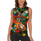 Rabbitohs Autism Awareness Women Sleeveless Polo Shirt Puzzle Flames Rugby Ball