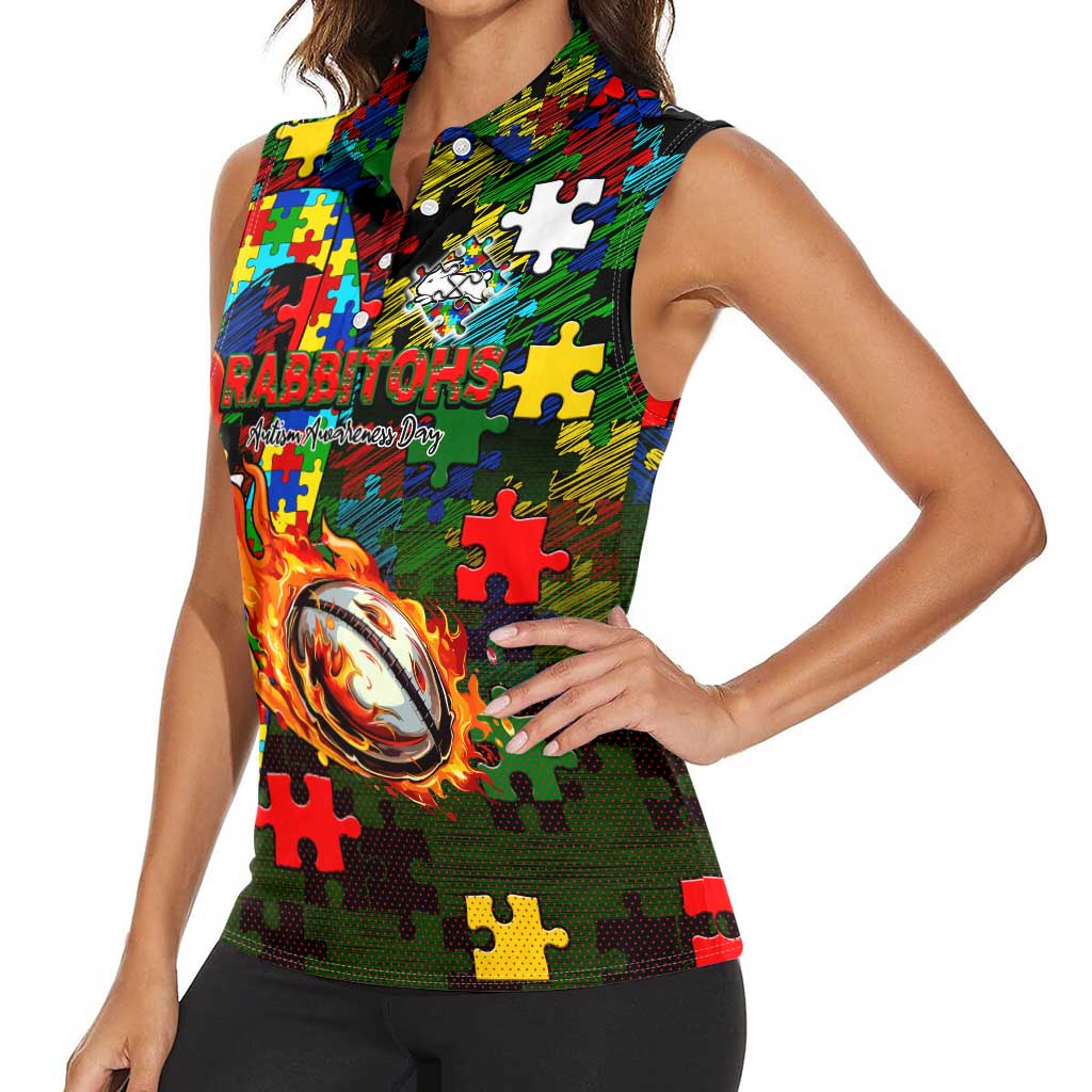 Rabbitohs Autism Awareness Women Sleeveless Polo Shirt Puzzle Flames Rugby Ball