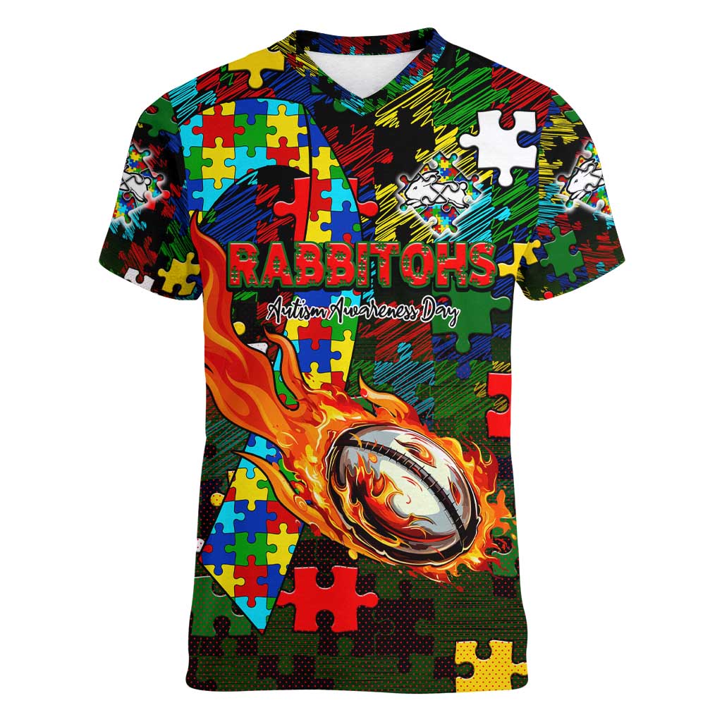 Rabbitohs Autism Awareness Women V-Neck T-Shirt Puzzle Flames Rugby Ball
