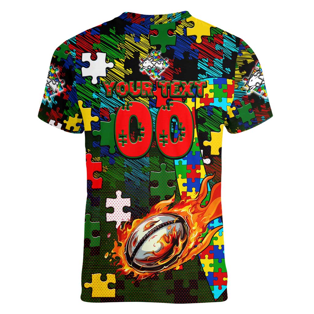Rabbitohs Autism Awareness Women V-Neck T-Shirt Puzzle Flames Rugby Ball