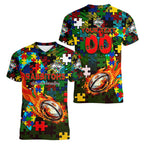 Rabbitohs Autism Awareness Women V-Neck T-Shirt Puzzle Flames Rugby Ball