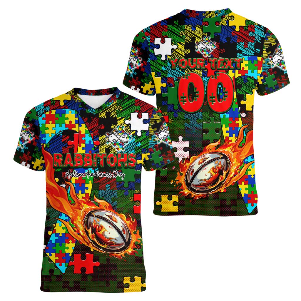 Rabbitohs Autism Awareness Women V-Neck T-Shirt Puzzle Flames Rugby Ball