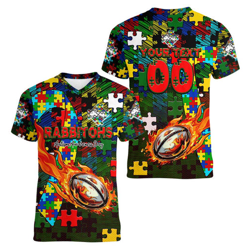 Rabbitohs Autism Awareness Women V-Neck T-Shirt Puzzle Flames Rugby Ball
