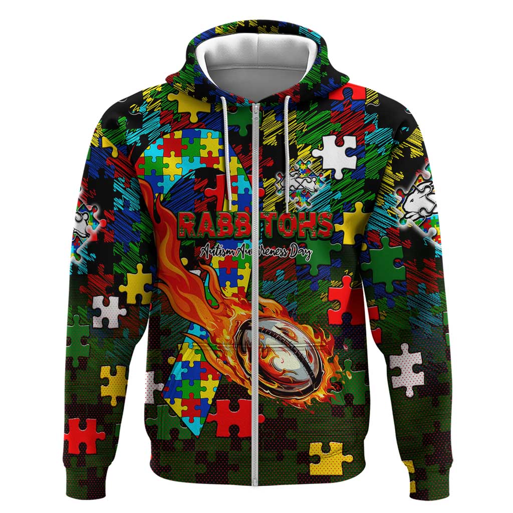 Rabbitohs Autism Awareness Zip Hoodie Puzzle Flames Rugby Ball