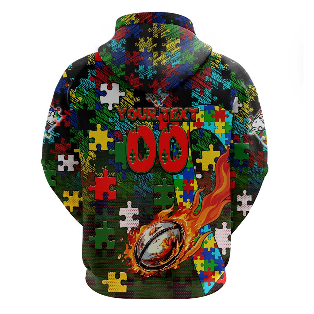 Rabbitohs Autism Awareness Zip Hoodie Puzzle Flames Rugby Ball