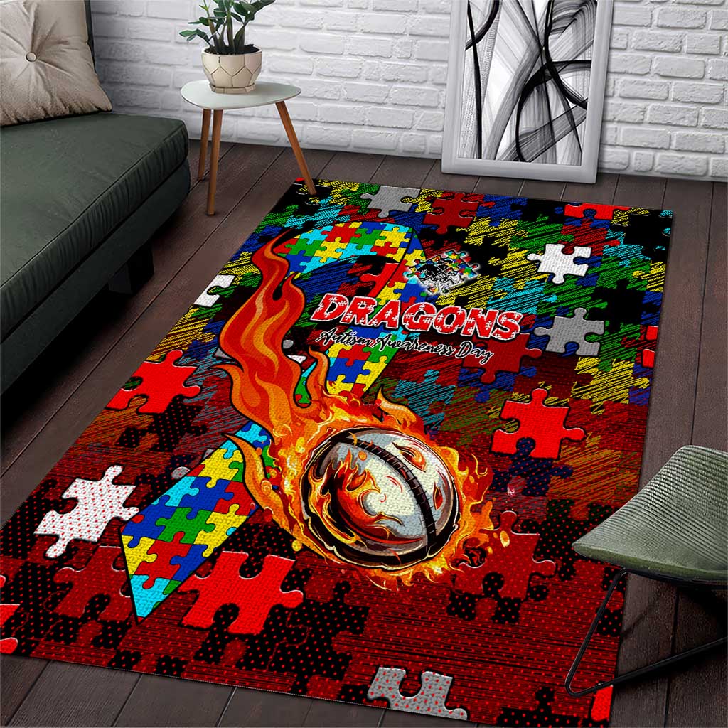 Dragons Autism Awareness Area Rug Puzzle Flames Rugby Ball