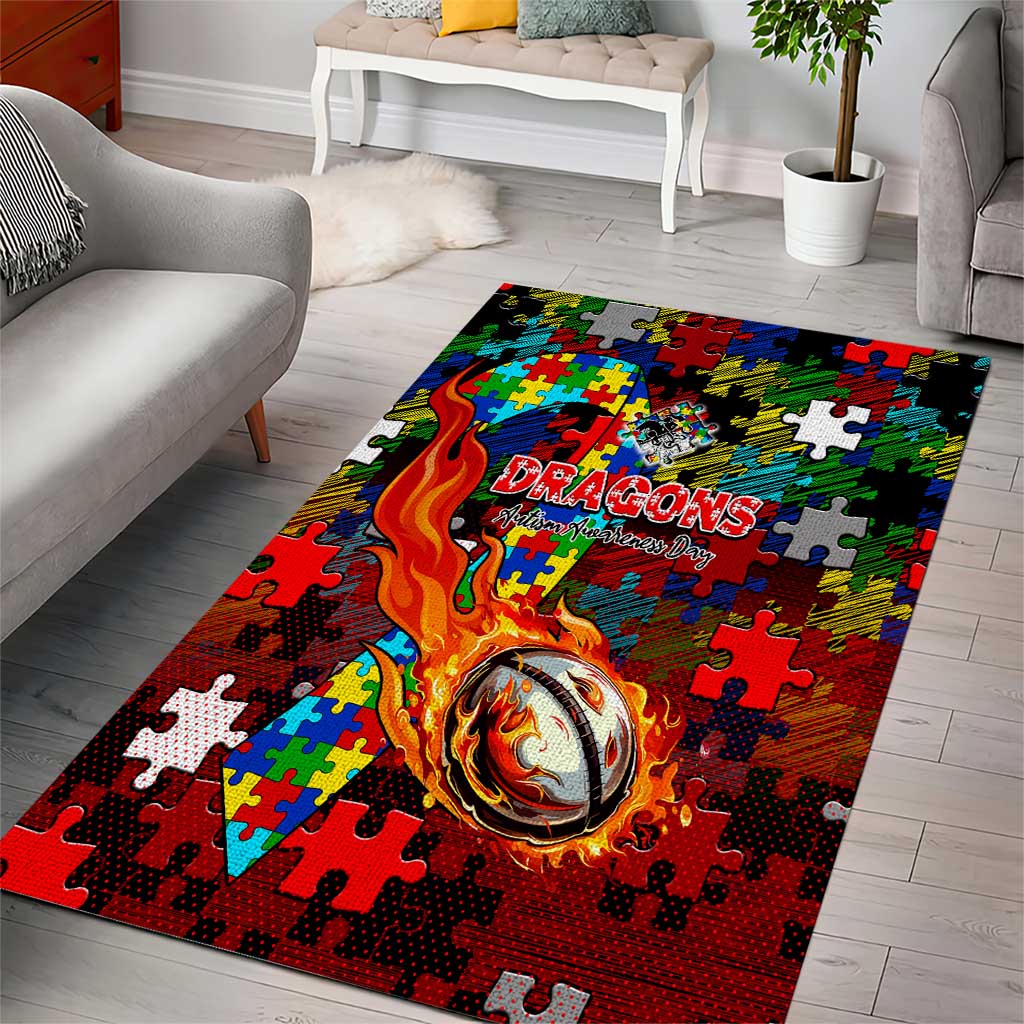 Dragons Autism Awareness Area Rug Puzzle Flames Rugby Ball