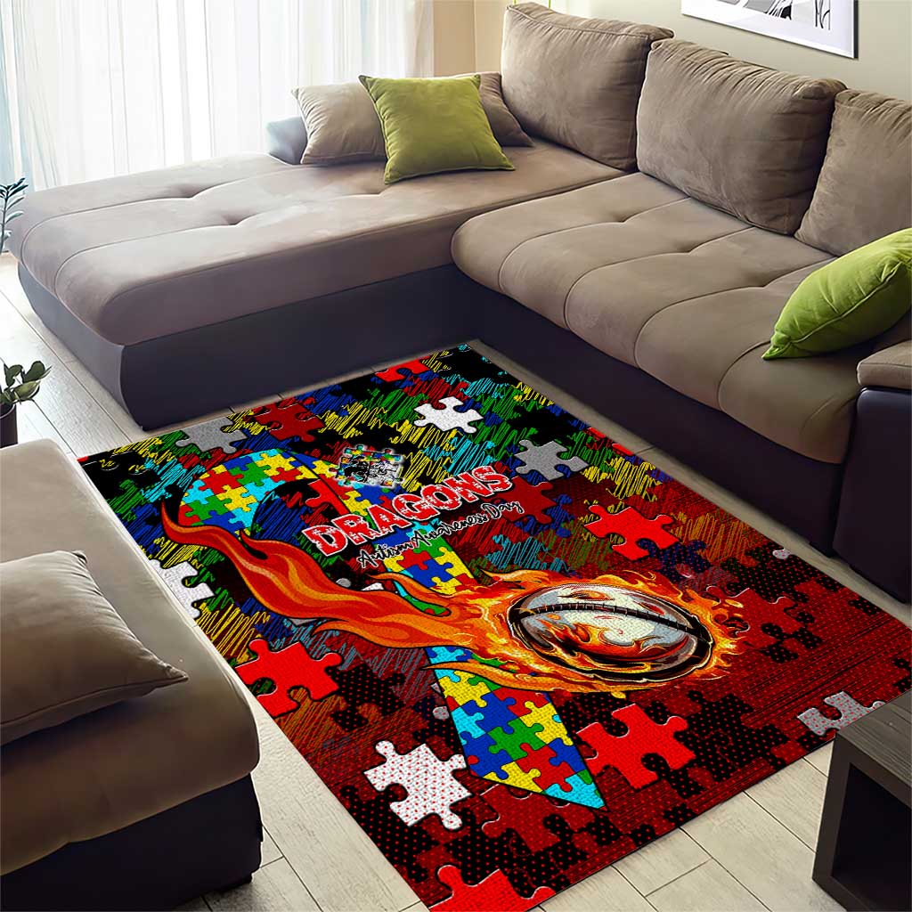 Dragons Autism Awareness Area Rug Puzzle Flames Rugby Ball