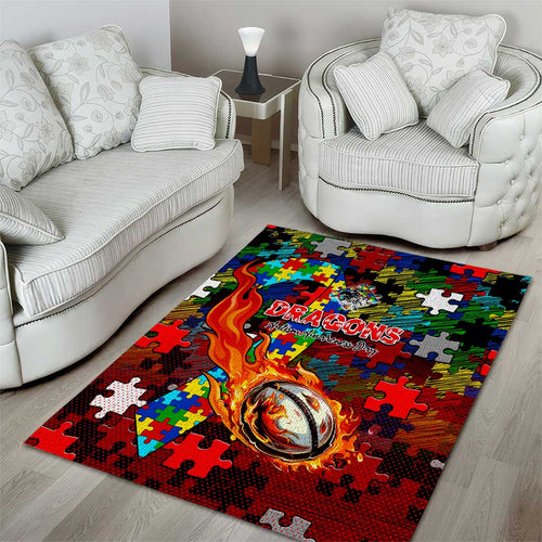 Dragons Autism Awareness Area Rug Puzzle Flames Rugby Ball