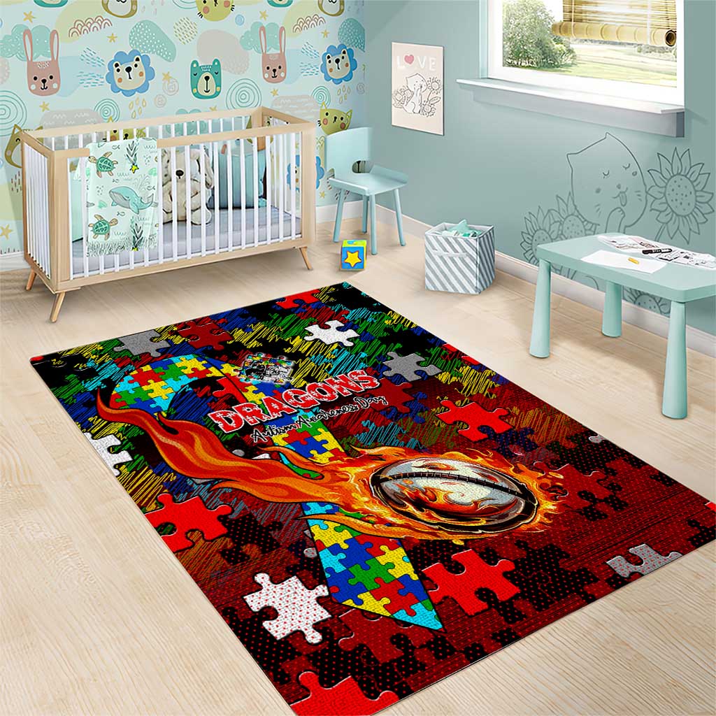 Dragons Autism Awareness Area Rug Puzzle Flames Rugby Ball