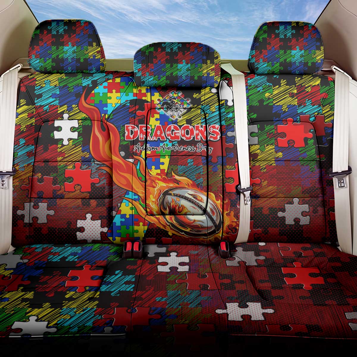 Dragons Autism Awareness Back Car Seat Cover Puzzle Flames Rugby Ball