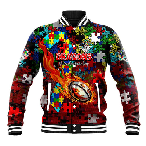 Dragons Autism Awareness Baseball Jacket Puzzle Flames Rugby Ball