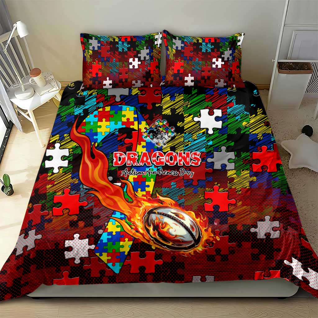Dragons Autism Awareness Bedding Set Puzzle Flames Rugby Ball