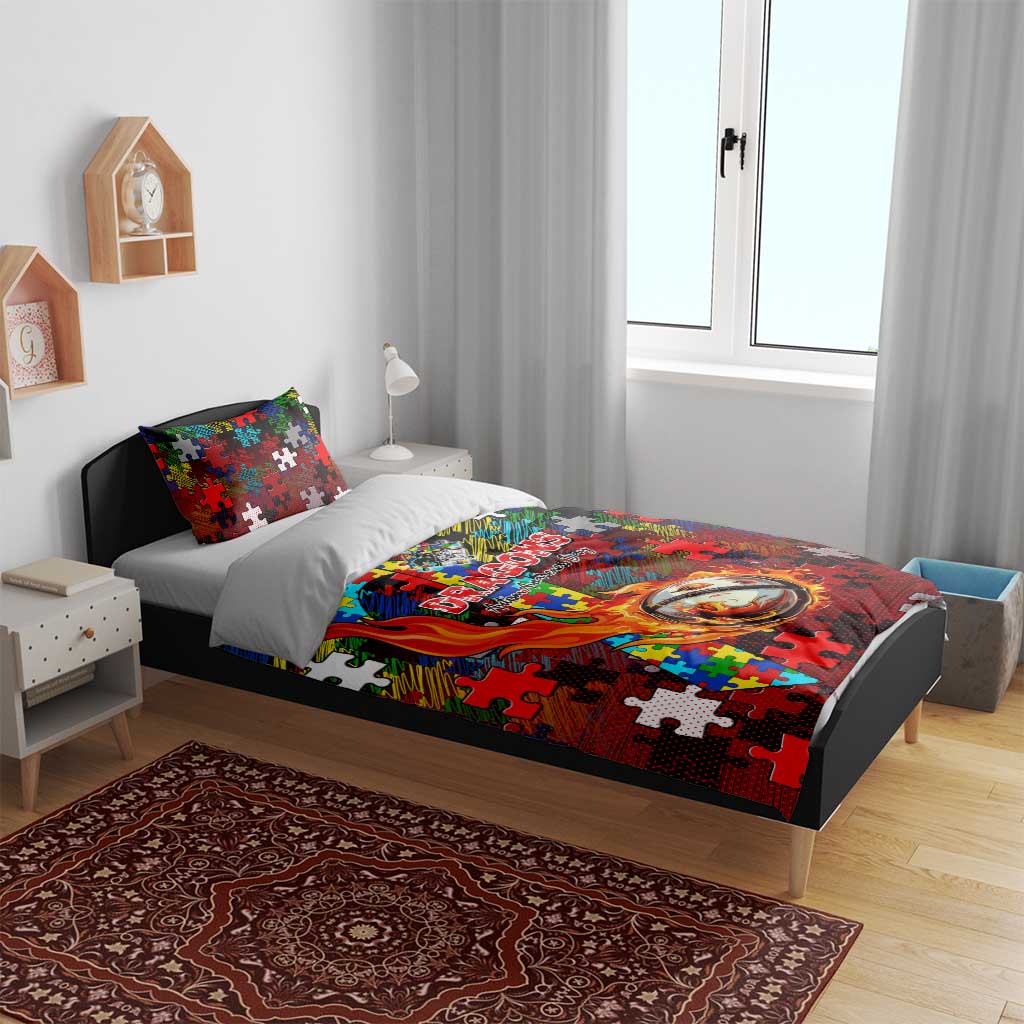 Dragons Autism Awareness Bedding Set Puzzle Flames Rugby Ball