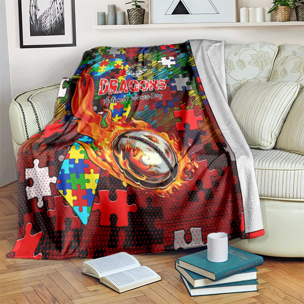 Dragons Autism Awareness Blanket Puzzle Flames Rugby Ball