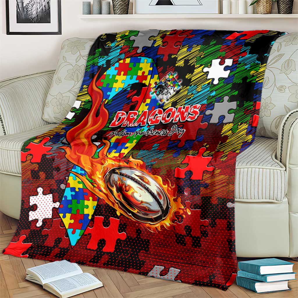 Dragons Autism Awareness Blanket Puzzle Flames Rugby Ball