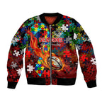 Dragons Autism Awareness Bomber Jacket Puzzle Flames Rugby Ball